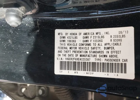 2014 Honda Accord Ex-L from USA, damaged, VIN 1HGCR2F8XEA025387